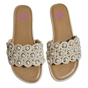 Gianni Bini Tan Woven Pearl Embellished Sandals